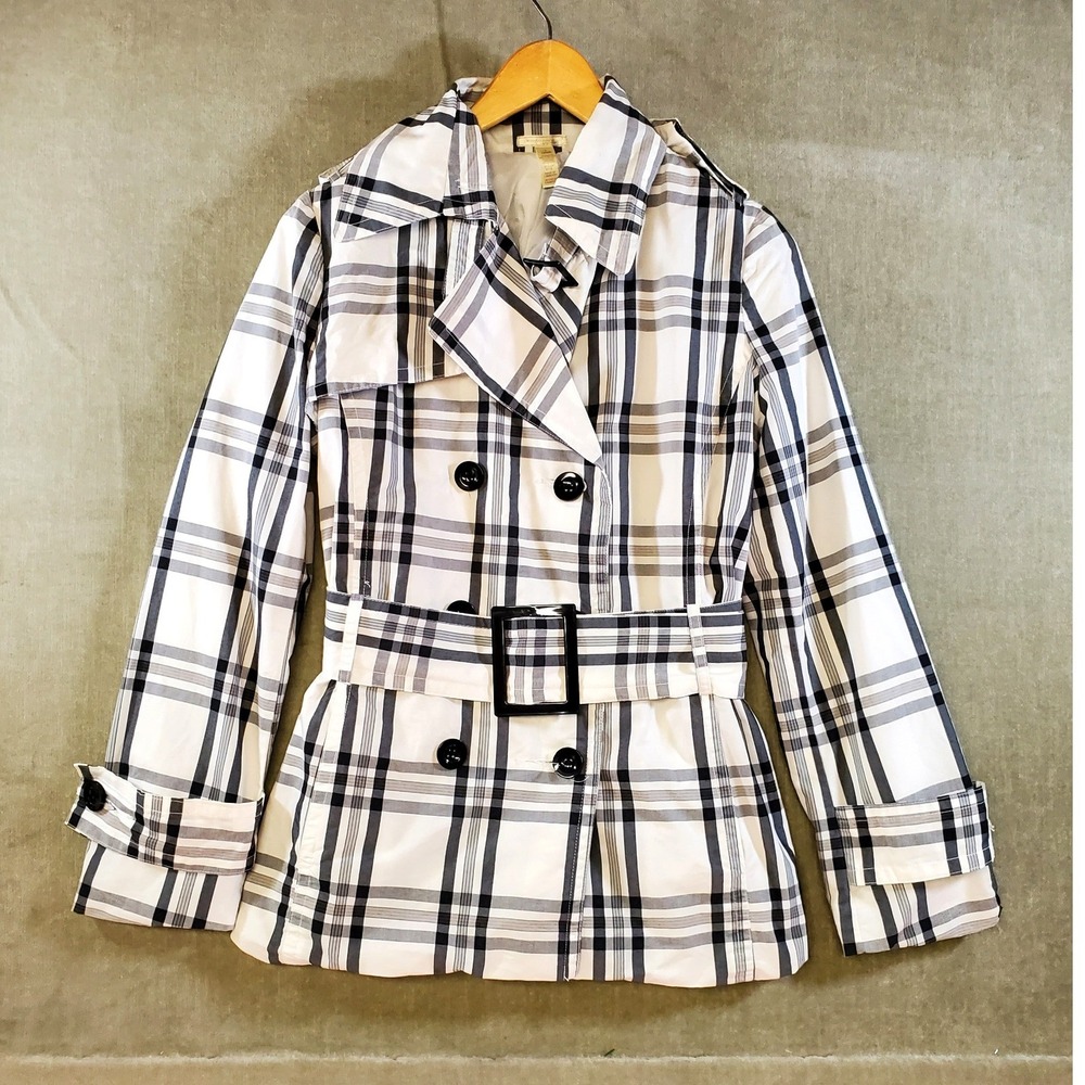 Ambiance Apparel Womens Plaid Double Breasted Belted Trench Coat White Black L